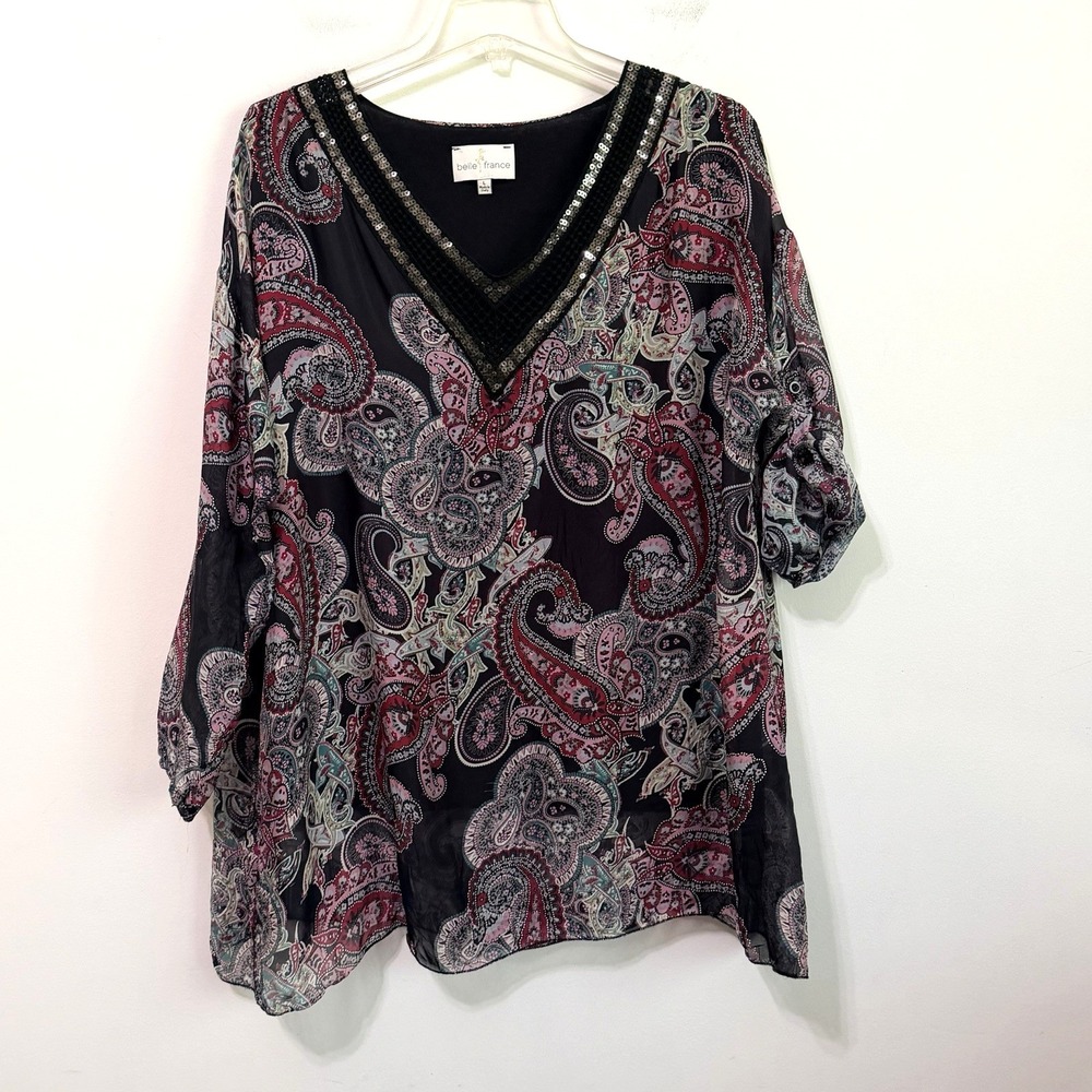 Belle France Top Shirt L Silk Paisley Embellished Roll Tab Popover Party Italy
